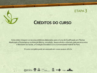 ETAPA 3
CRÉDITOS DO CURSO
Estes slides integram os recursos didáticos elaborados para oCursodeQualificação em Plantas
Medicinais e Fitoterápicos naAtenção Básica, concebido, desenvolvido e ofertado pela parceria entre
o Ministérioda Saúde, a FundaçãoOswaldoCruz e aUniversidade Federal doPará.
O curso completopode ser acessadoem: www.avasus.ufrn.br
 