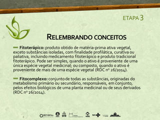 ETAPA 3
Fitoterápico: produto obtido de matéria-prima ativa vegetal,
exceto substâncias isoladas, com finalidade profilática, curativa ou
paliativa, incluindo medicamento fitoterápico e produto tradicional
fitoterápico. Pode ser simples, quando o ativo é proveniente de uma
única espécie vegetal medicinal; ou composto, quando o ativo é
proveniente de mais de uma espécie vegetal (RDC no 26/2014).
Fitocomplexo: conjuntode todas as substâncias, originadas do
metabolismo primário ou secundário, responsáveis, em conjunto,
pelos efeitos biológicos de uma planta medicinal ou de seus derivados
(RDC no 26/2014).
RELEMBRANDO CONCEITOS
 