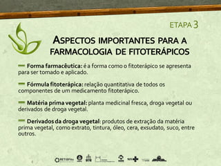 ASPECTOS IMPORTANTES PARA A
FARMACOLOGIA DE FITOTERÁPICOS
ETAPA 3
Forma farmacêutica: éa forma como o fitoterápico se apresenta
para ser tomado e aplicado.
Fórmula fitoterápica: relação quantitativa de todos os
componentes de um medicamento fitoterápico.
Matéria prima vegetal: planta medicinal fresca, droga vegetal ou
derivados de droga vegetal.
Derivadosda droga vegetal:produtos de extração da matéria
prima vegetal, como extrato, tintura, óleo, cera, exsudato, suco, entre
outros.
 