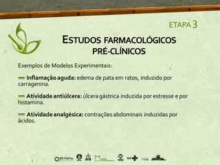 ETAPA 3
Exemplos de Modelos Experimentais:
Inflamação aguda: edema de pata em ratos, induzido por
carragenina.
Atividade antiúlcera: úlceragástrica induzida por estresse e por
histamina.
Atividade analgésica: contrações abdominais induzidas por
ácidos.
ESTUDOS FARMACOLÓGICOS
PRÉ-CLÍNICOS
 