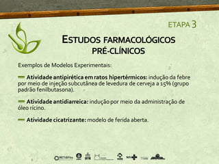 ETAPA 3
Exemplos de Modelos Experimentais:
Atividade antipirética emratos hipertérmicos: indução da febre
por meio de injeção subcutânea de levedura de cerveja a 15% (grupo
padrão fenilbutasona).
Atividade antidiarreica: induçãopor meio da administração de
óleo rícino.
Atividade cicatrizante: modelo de ferida aberta.
ESTUDOS FARMACOLÓGICOS
PRÉ-CLÍNICOS
 