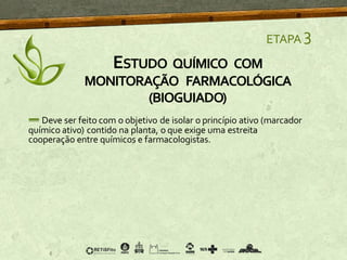 Deve ser feito com o objetivo de isolar o princípio ativo (marcador
químico ativo) contido na planta, o que exige uma estreita
cooperação entre químicos e farmacologistas.
ETAPA 3
ESTUDO QUÍMICO COM
MONITORAÇÃO FARMACOLÓGICA
(BIOGUIADO)
 
