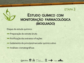 Etapas do estudo químico:
Preparação do extrato bruto
Purificação dos extratos e frações
Isolamento do princípio/marcador químico ativo
Análises cromatográficas
ETAPA 3
ESTUDO QUÍMICO COM
MONITORAÇÃO FARMACOLÓGICA
(BIOGUIADO)
 
