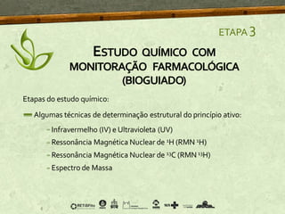ETAPA 3
ESTUDO QUÍMICO COM
MONITORAÇÃO FARMACOLÓGICA
(BIOGUIADO)
Etapas do estudo químico:
Algumas técnicas de determinação estrutural do princípio ativo:
Infravermelho (IV) e Ultravioleta (UV)
Ressonância Magnética Nuclear de 1H (RMN 1H)
Ressonância Magnética Nuclear de 13C (RMN 13H)
Espectro de Massa
 