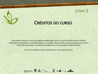 ETAPA 3
CRÉDITOS DO CURSO
Estes slides integram os recursos didáticos elaborados para oCursodeQualificação em Plantas
Medicinais e Fitoterápicos naAtenção Básica, concebido, desenvolvido e ofertado pela parceria entre
o Ministérioda Saúde, a FundaçãoOswaldoCruz e aUniversidade Federal doPará.
O curso completopode ser acessadoem: www.avasus.ufrn.br
 
