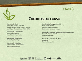 ETAPA 3
CRÉDITOS DO CURSO
Coordenação Geral
Daniel Mieli Amado - DAB | MS
Joseane Carvalho Costa - VPAAPS | Fiocruz
José Miguel Martins Veloso - AEDi | UFPA
Coordenação Administrativa
Lairton Bueno Martins
Paulo Roberto Sousa Rocha
Coordenação de Conteúdo
Silvana Cappelleti Nagai
Coordenação Pedagógica
Andrea Cristina Lovato Ribeiro
Nilva Lúcia Rech Stedile
Coordenação Pedagógica em EaD
Maria Ataide Malcher
Marianne Kogut Eliasquevici
Sônia Nazaré Fernandes Resque
Concepção e Avaliação de Recursos Multimídia em EaD
Fernanda Chocron Miranda
Suzana Cunha Lopes
Concepção e Comunicação Visual
Rose Pepe
Roberto Eliasquevici
 