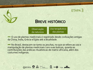 BREVE HISTÓRICO
ETAPA 3
O uso de plantas medicinais é registrado desde civilizações antigas
da China, Índia,Grécia e Egito até a atualidade.
No Brasil, destacam-se tanto os jesuítas, no que se refere ao uso e
manipulação de plantas medicinais com suas boticas, quanto as
contribuições das práticas ritualísticas de matriz africana,além dos
costumes indígenas.
 
