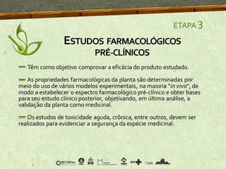 ETAPA 3
Têm como objetivo comprovar a eficácia do produto estudado.
As propriedades farmacológicas da planta são determinadas por
meio do uso de vários modelos experimentais, na maioria “invivo”,de
modo a estabelecer o espectro farmacológico pré-clínico e obter bases
para seu estudo clínico posterior, objetivando, em última análise, a
validação da planta como medicinal.
Os estudos de toxicidade aguda, crônica, entre outros, devem ser
realizados para evidenciar a segurança da espécie medicinal.
ESTUDOS FARMACOLÓGICOS
PRÉ-CLÍNICOS
 