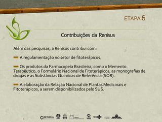 ETAPA6
Contribuições da Renisus
Além das pesquisas, a Renisus contribui com:
A regulamentação no setor de fitoterápicos.
Os produtos da Farmacopeia Brasileira, como o Memento
Terapêutico, o Formulário Nacional de Fitoterápicos, as monografias de
drogas e as Substâncias Químicas de Referência (SQR).
A elaboração da Relação Nacional de Plantas Medicinais e
Fitoterápicos, a serem disponibilizados pelo SUS.
 