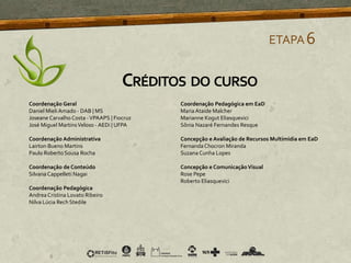 ETAPA6
Coordenação Geral
Daniel Mieli Amado - DAB | MS
Joseane Carvalho Costa -VPAAPS | Fiocruz
José Miguel MartinsVeloso - AEDi | UFPA
Coordenação Administrativa
Lairton Bueno Martins
Paulo Roberto Sousa Rocha
Coordenação de Conteúdo
Silvana Cappelleti Nagai
Coordenação Pedagógica
AndreaCristina Lovato Ribeiro
Nilva Lúcia Rech Stedile
Coordenação Pedagógica em EaD
Maria Ataide Malcher
Marianne Kogut Eliasquevici
Sônia Nazaré Fernandes Resque
Concepção e Avaliação de Recursos Multimídia em EaD
FernandaChocron Miranda
Suzana Cunha Lopes
Concepção e ComunicaçãoVisual
Rose Pepe
Roberto Eliasquevici
CRÉDITOS DO CURSO
 