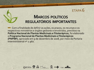 Com a finalidade de definir as ações, os prazos, os recursos e os
respectivos ministérios e órgãos gestores e envolvidos, previstos na
Política Nacional de Plantas Medicinais e Fitoterápicos, foi elaborado
o Programa Nacional de Plantas Medicinais e Fitoterápicos
(PNPMF), aprovado em 9 de dezembro de 2008, por meio da Portaria
Interministerial nº 2.960.
ETAPA6
MARCOS POLÍTICOS
REGULATÓRIOS IMPORTANTES
 