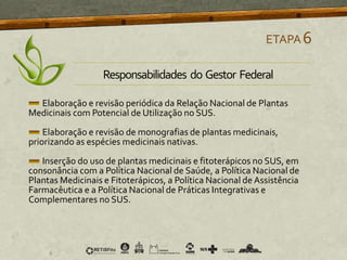 Elaboração e revisão periódica da Relação Nacional de Plantas
Medicinais com Potencial de Utilização no SUS.
Elaboração e revisão de monografias de plantas medicinais,
priorizando as espécies medicinais nativas.
Inserção do uso de plantas medicinais e fitoterápicos no SUS, em
consonância com a Política Nacional de Saúde, a Política Nacional de
Plantas Medicinais e Fitoterápicos, a Política Nacional de Assistência
Farmacêutica e a Política Nacional de Práticas Integrativas e
Complementares no SUS.
ETAPA6
Responsabilidades do Gestor Federal
 