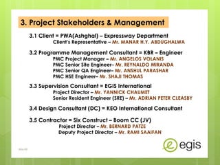 3. Project Stakeholders & Management
3.1 Client = PWA(Ashghal) – Expressway Department
Client’s Representative – Mr. MANAR H.Y. ABDUGHALWA
3.2 Programme Management Consultant = KBR – Engineer
PMC Project Manager – Mr. ANGELOS VOLANIS
PMC Senior Site Engineer– Mr. REYNALDO MIRANDA
PMC Senior QA Engineer– Mr. ANSHUL PARASHAR
PMC HSE Engineer– Mr. SHAJI THOMAS
3.3 Supervision Consultant = EGIS International
Project Director – Mr. YANNICK CHAUMET
Senior Resident Engineer (SRE) – Mr. ADRIAN PETER CLEASBY
3.4 Design Consultant (DC) = KEO International Consultant
3.5 Contractor = Six Construct – Boom CC (JV)
Project Director – Mr. BERNARD PATZE
Deputy Project Director – Mr. RAMI SAAIFAN
AKo/EIt
 