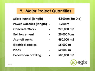 Micro-tunnel (length) - 4,800 m(3m Dia)
Power Galleries (length) - 1,200 m
Concrete Works - 270,000 m3
Reinforcement - 20,000 Tons
Asphalt works - 450,000 m2
Electrical cables - 65,000 m
Pipes - 52,000 m
Excavation or Filling - 500,000 m3
9. Major Project Quantities
AKo/EIt
 