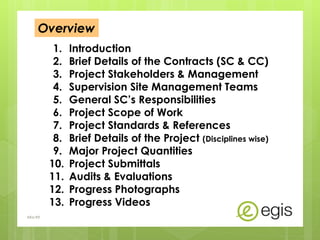 Overview
1. Introduction
2. Brief Details of the Contracts (SC & CC)
3. Project Stakeholders & Management
4. Supervision Site Management Teams
5. General SC’s Responsibilities
6. Project Scope of Work
7. Project Standards & References
8. Brief Details of the Project (Disciplines wise)
9. Major Project Quantities
10. Project Submittals
11. Audits & Evaluations
12. Progress Photographs
13. Progress Videos
AKo/EIt
 