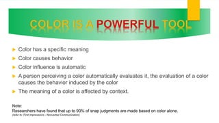  Color has a specific meaning
 Color causes behavior
 Color influence is automatic
 A person perceiving a color automatically evaluates it, the evaluation of a color
causes the behavior induced by the color
 The meaning of a color is affected by context.
Note:
Researchers have found that up to 90% of snap judgments are made based on color alone.
(refer to: First Impressions - Nonverbal Communication)
 