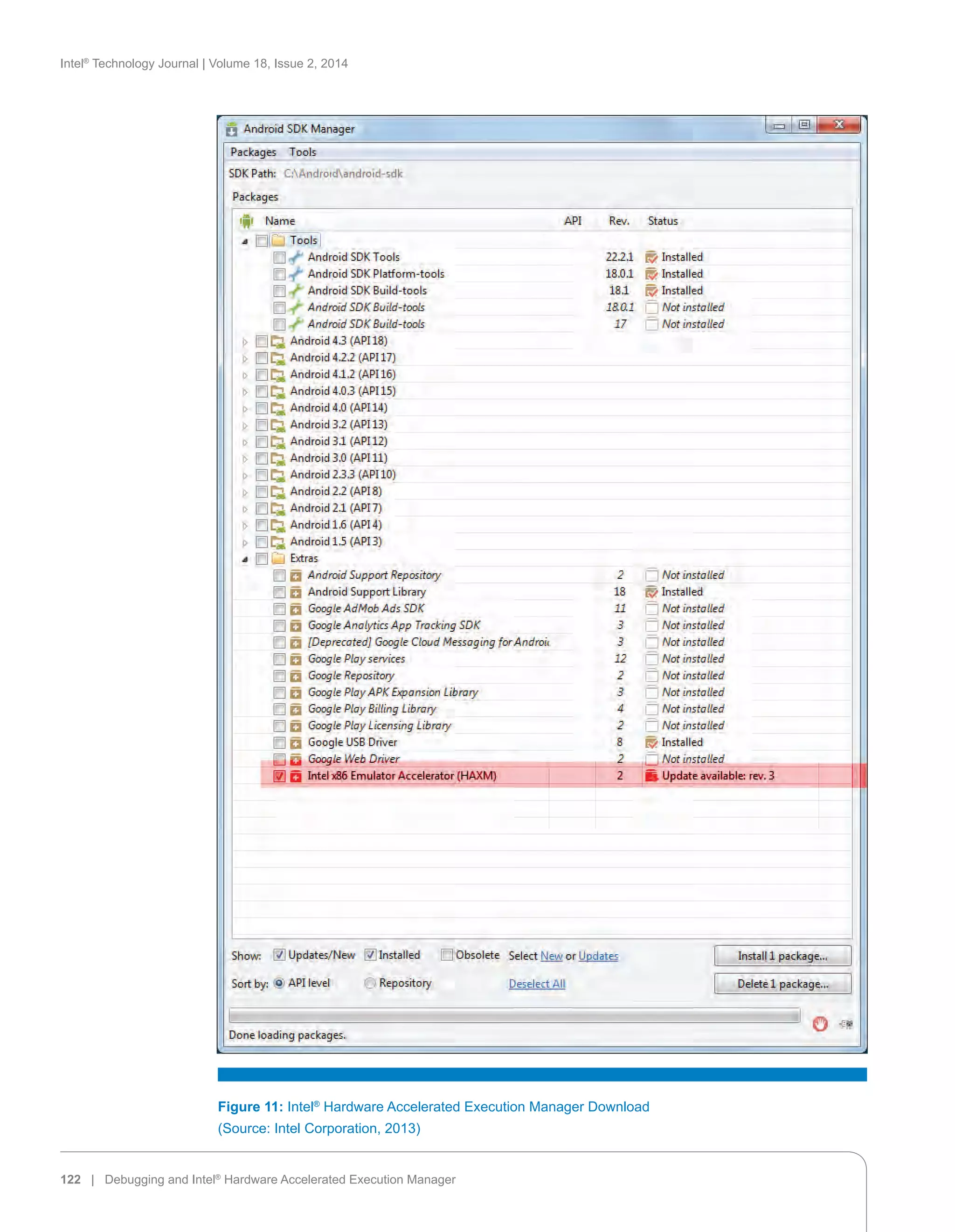 Intel®
Technology Journal | Volume 18, Issue 2, 2014
122 | Debugging and Intel®
Hardware Accelerated Execution Manager
Figure 11: Intel®
Hardware Accelerated Execution Manager Download
(Source: Intel Corporation, 2013)
 