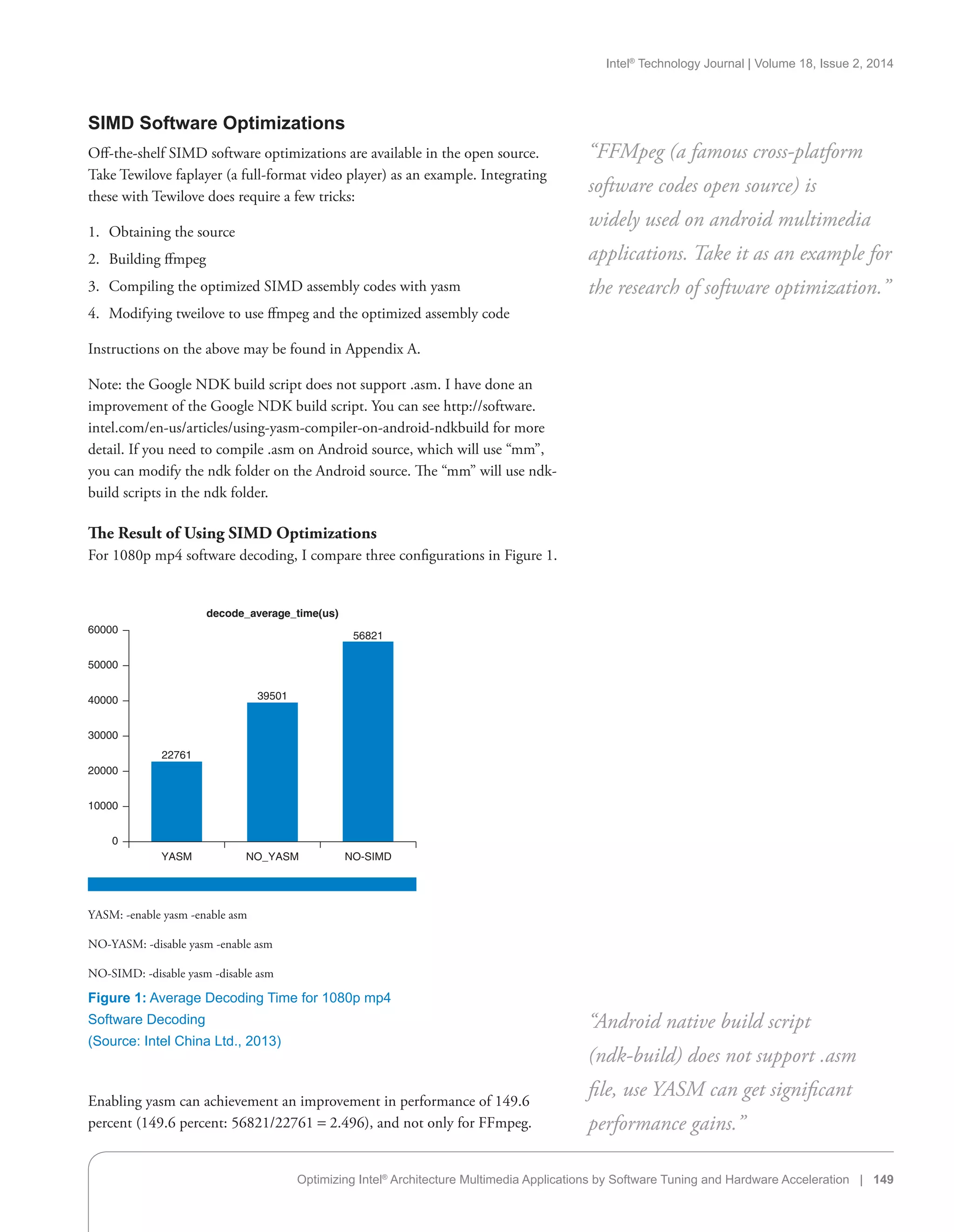 Intel®
Technology Journal | Volume 18, Issue 2, 2014
Optimizing Intel®
Architecture Multimedia Applications by Software Tuning and Hardware Acceleration | 149
SIMD Software Optimizations
Off-the-shelf SIMD software optimizations are available in the open source.
Take Tewilove faplayer (a full-format video player) as an example. Integrating
these with Tewilove does require a few tricks:
1.	 Obtaining the source
2.	 Building ffmpeg
3.	 Compiling the optimized SIMD assembly codes with yasm
4.	 Modifying tweilove to use ffmpeg and the optimized assembly code
Instructions on the above may be found in Appendix A.
Note: the Google NDK build script does not support .asm. I have done an
improvement of the Google NDK build script. You can see http://software.
intel.com/en-us/articles/using-yasm-compiler-on-android-ndkbuild for more
detail. If you need to compile .asm on Android source, which will use “mm”,
you can modify the ndk folder on the Android source. The “mm” will use ndk-
build scripts in the ndk folder.
The Result of Using SIMD Optimizations
For 1080p mp4 software decoding, I compare three configurations in Figure 1.
“FFMpeg (a famous cross-platform
software codes open source) is
widely used on android multimedia
applications. Take it as an example for
the research of software optimization.”
YASM: -enable yasm -enable asm
NO-YASM: -disable yasm -enable asm
NO-SIMD: -disable yasm -disable asm
Figure 1: Average Decoding Time for 1080p mp4
Software Decoding
(Source: Intel China Ltd., 2013)
0
10000
20000
30000
40000
50000
60000
YASM NO_YASM NO-SIMD
22761
39501
56821
decode_average_time(us)
Enabling yasm can achievement an improvement in performance of 149.6
percent (149.6 percent: 56821/22761 = 2.496), and not only for FFmpeg.
“Android native build script
(ndk-build) does not support .asm
file, use YASM can get significant
performance gains.”
 