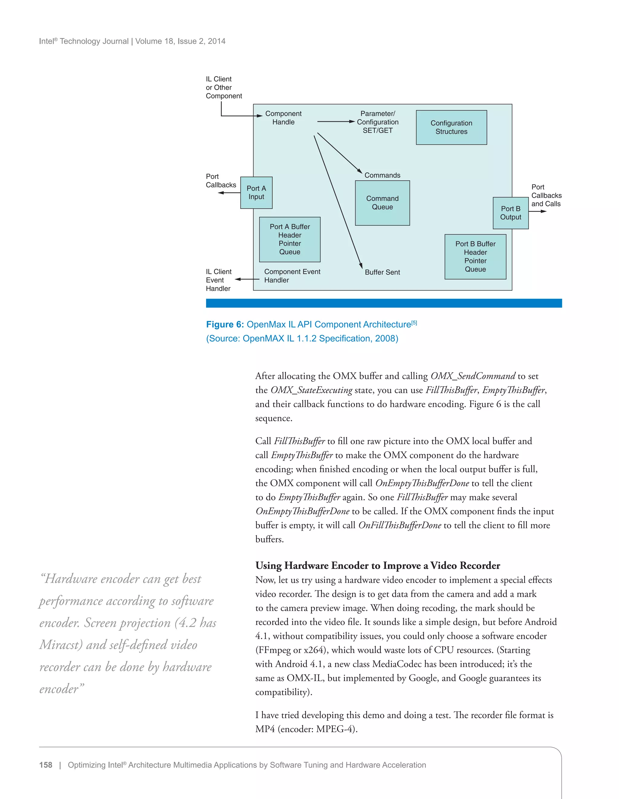 Intel®
Technology Journal | Volume 18, Issue 2, 2014
158 | Optimizing Intel®
Architecture Multimedia Applications by Software Tuning and Hardware Acceleration
After allocating the OMX buffer and calling OMX_SendCommand to set
the OMX_StateExecuting state, you can use FillThisBuffer, EmptyThisBuffer,
and their callback functions to do hardware encoding. Figure 6 is the call
sequence.
Call FillThisBuffer to fill one raw picture into the OMX local buffer and
call EmptyThisBuffer to make the OMX component do the hardware
encoding; when finished encoding or when the local output buffer is full,
the OMX component will call OnEmptyThisBufferDone to tell the client
to do EmptyThisBuffer again. So one FillThisBuffer may make several
OnEmptyThisBufferDone to be called. If the OMX component finds the input
buffer is empty, it will call OnFillThisBufferDone to tell the client to fill more
buffers.
Using Hardware Encoder to Improve a Video Recorder
Now, let us try using a hardware video encoder to implement a special effects
video recorder. The design is to get data from the camera and add a mark
to the camera preview image. When doing recoding, the mark should be
recorded into the video file. It sounds like a simple design, but before Android
4.1, without compatibility issues, you could only choose a software encoder
(FFmpeg or x264), which would waste lots of CPU resources. (Starting
with Android 4.1, a new class MediaCodec has been introduced; it’s the
same as OMX-IL, but implemented by Google, and Google guarantees its
compatibility).
I have tried developing this demo and doing a test. The recorder file format is
MP4 (encoder: MPEG-4).
“Hardware encoder can get best
performance according to software
encoder. Screen projection (4.2 has
Miracst) and self-defined video
recorder can be done by hardware
encoder”
Figure 6: OpenMax IL API Component Architecture[5]
(Source: OpenMAX IL 1.1.2 Specification, 2008)
IL Client
or Other
Component
Port
Callbacks Port
Callbacks
and Calls
Command
Queue
Configuration
Structures
Commands
Parameter/
Configuration
SET/GET
Component
Handle
Port A
Input
Port B
Output
Port A Buffer
Header
Pointer
Queue
Port B Buffer
Header
Pointer
QueueComponent Event
Handler
IL Client
Event
Handler
Buffer Sent
 