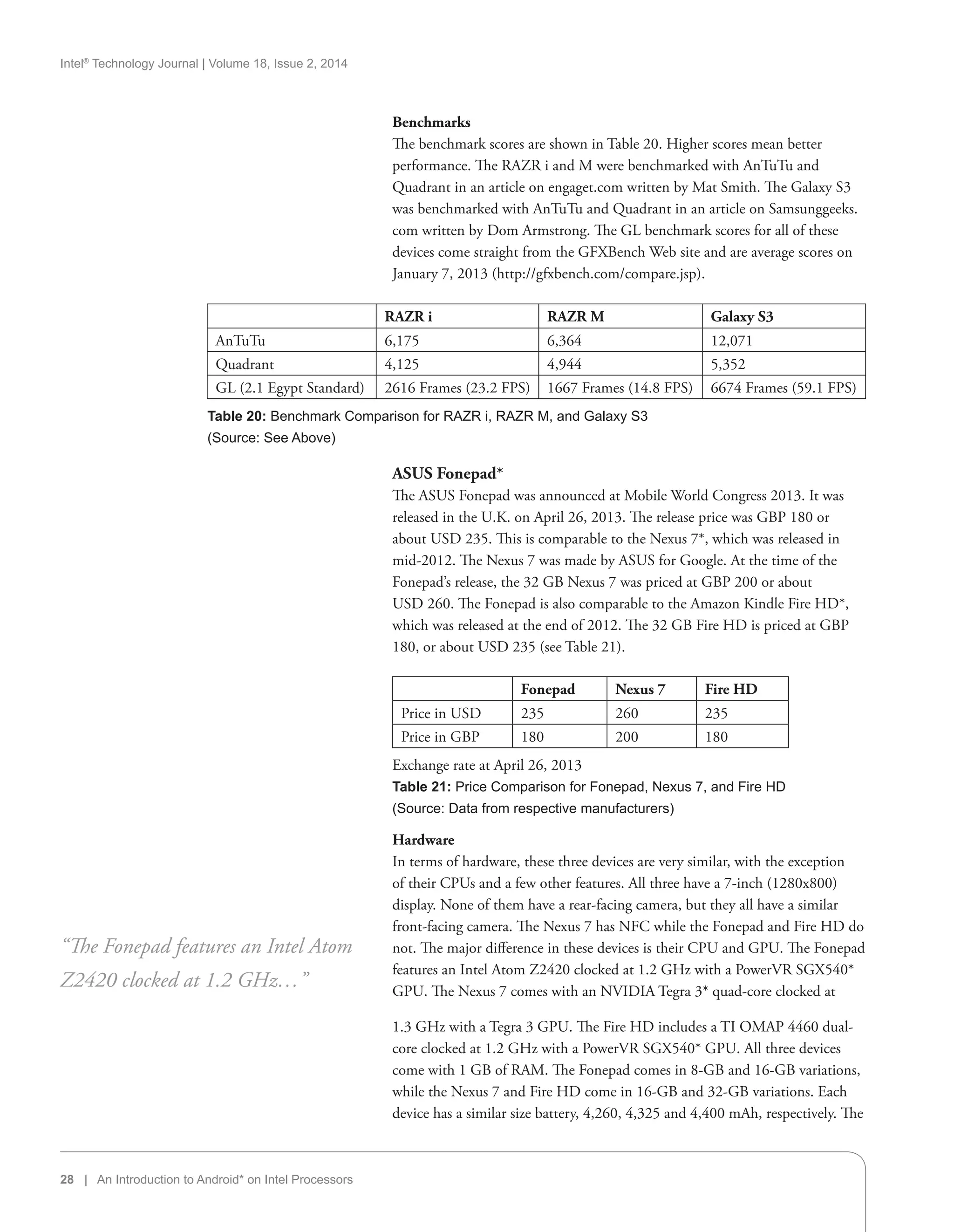 Intel®
Technology Journal | Volume 18, Issue 2, 2014
28 | An Introduction to Android* on Intel Processors
Benchmarks
The benchmark scores are shown in Table 20. Higher scores mean better
performance. The RAZR i and M were benchmarked with AnTuTu and
Quadrant in an article on engaget.com written by Mat Smith. The Galaxy S3
was benchmarked with AnTuTu and Quadrant in an article on Samsunggeeks.
com written by Dom Armstrong. The GL benchmark scores for all of these
devices come straight from the GFXBench Web site and are average scores on
January 7, 2013 (http://gfxbench.com/compare.jsp).
RAZR i RAZR M Galaxy S3
AnTuTu 6,175 6,364 12,071
Quadrant 4,125 4,944 5,352
GL (2.1 Egypt Standard) 2616 Frames (23.2 FPS) 1667 Frames (14.8 FPS) 6674 Frames (59.1 FPS)
Table 20: Benchmark Comparison for RAZR i, RAZR M, and Galaxy S3
(Source: See Above)
ASUS Fonepad*
The ASUS Fonepad was announced at Mobile World Congress 2013. It was
released in the U.K. on April 26, 2013. The release price was GBP 180 or
about USD 235. This is comparable to the Nexus 7*, which was released in
mid-2012. The Nexus 7 was made by ASUS for Google. At the time of the
Fonepad’s release, the 32 GB Nexus 7 was priced at GBP 200 or about
USD 260. The Fonepad is also comparable to the Amazon Kindle Fire HD*,
which was released at the end of 2012. The 32 GB Fire HD is priced at GBP
180, or about USD 235 (see Table 21).
Fonepad Nexus 7 Fire HD
Price in USD 235 260 235
Price in GBP 180 200 180
Exchange rate at April 26, 2013
Table 21: Price Comparison for Fonepad, Nexus 7, and Fire HD
(Source: Data from respective manufacturers)
Hardware
In terms of hardware, these three devices are very similar, with the exception
of their CPUs and a few other features. All three have a 7-inch (1280x800)
display. None of them have a rear-facing camera, but they all have a similar
front-facing camera. The Nexus 7 has NFC while the Fonepad and Fire HD do
not. The major difference in these devices is their CPU and GPU. The Fonepad
features an Intel Atom Z2420 clocked at 1.2 GHz with a PowerVR SGX540*
GPU. The Nexus 7 comes with an NVIDIA Tegra 3* quad-core clocked at
1.3 GHz with a Tegra 3 GPU. The Fire HD includes a TI OMAP 4460 dual-
core clocked at 1.2 GHz with a PowerVR SGX540* GPU. All three devices
come with 1 GB of RAM. The Fonepad comes in 8-GB and 16-GB variations,
while the Nexus 7 and Fire HD come in 16-GB and 32-GB variations. Each
device has a similar size battery, 4,260, 4,325 and 4,400 mAh, respectively. The
“The Fonepad features an Intel Atom
Z2420 clocked at 1.2 GHz…”
 
