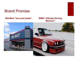 Brand Promise
Wal-Mart “low-cost leader” BMW “Ultimate Driving
Machine”
 