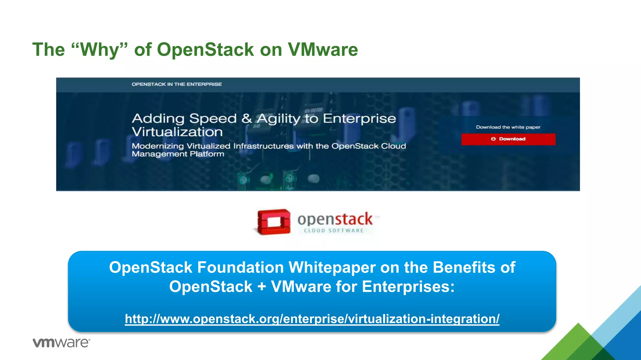 OpenStack Foundation Whitepaper on the Benefits of
OpenStack + VMware for Enterprises:
http://www.openstack.org/enterprise/virtualization-integration/
The “Why” of OpenStack on VMware
 