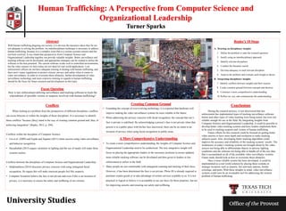 Human Trafficking: A Perspective from Computer Science and
Organizational Leadership
Turner Sparks
University Studies
Abstract
With human trafficking plaguing our society, it is obvious the measures taken thus far are
not adequate in solving the problem. An interdisciplinary technique is necessary to address
human trafficking, because it is a complex issue that is a serious societal concern and has
not been resolved. It was found that perspectives from Computer Science and
Organizational Leadership together can provide valuable insights. Better surveillance and
tracking software can be developed, and appropriate strategies can be created to utilize the
software to the best potential. The current software works well in controlled environments,
but the video sensors we have today are not ideal for real world applications. Law
enforcement officers do not have adequate training in dealing with human trafficking, and
there aren’t many regulations to protect citizens’ privacy and safety when it comes to
video surveillance. In order to overcome these obstacles, further development of video
surveillance technology and more extensive training in regards to human trafficking
should be the focus for future research and development on this topic.
Focus Question
How is law enforcement utilizing surveillance and tracking software to track the
whereabouts of possible victims or suspects involved with human trafficking?
Conclusions
During the research process, it was discovered that law
enforcement has implemented types of tracking surveillance software
before and other types of video tracking were being tested, but were not
reliable enough for use in the field. By integrating insights from
Computer Science and Organizational Leadership, it could be possible to
develop better video tracking systems and have leaders implement them
to be used in tracking suspects and victims of human trafficking.
Future efforts for this research could be focused on getting better
video sensors to have more depth and resolution to make tracking
subjects easier. Also, developing better tracking algorithms could
improve the accuracy and reliability of the tracking systems’ results. The
weaknesses in today’s tracking systems are brought about by the video
sensors not being able to differentiate objects in adverse lighting
conditions and the software not being able to handle all of the raw data
that is accumulated on all of the available video surveillance systems.
Future study should look at how to overcome these obstacles.
Once a more reliable system has been developed, it could be
implemented as a real world solution by placing these systems in
strategic locations such as airports, bus and train stations, border
crossings, and ports. With these insights in mind, video surveillance
systems could soon be an invaluable tool for addressing the wicked
problem of human trafficking.
Repko’s 10 Steps
A. Drawing on disciplinary insights
1. Define the problem or state the research question
2. Justify using an interdisciplinary approach
3. Identify relevant disciplines
4. Conduct the literature search
5. Develop adequacy in each relevant discipline
6. Analyze the problem and evaluate each insight or theory
B. Integrating disciplinary insights
7. Identify conflicts between insights and their sources
8. Create common ground between concepts and theories
9. Construct a more comprehensive understanding
10. Reflect on, test, and communicate the understanding
Conflicts
When looking at a problem from the perspectives of different disciplines, conflicts
can occur between or within the insights of those disciplines. It is necessary to identify
these conflicts “because [they] stand in the way of creating common ground and, thus, of
achieving integration” (Repko, 2012, p. 294).
Conflicts within the discipline of Computer Science:
• Lin et al. (2009) and Szpak and Tapamo (2011) claim success using video surveillance
and behavior recognition.
• Hassaballah (2015) argues variations in lighting and the use of masks will make these
systems useless.
Conflicts between the disciplines of Computer Science and Organizational Leadership:
• Hadjimatheou (2014) discusses privacy concerns with using untargeted facial
recognition. He argues this will make innocent people feel like suspects.
• Computer Scientists believe the face is not private and even if this is an invasion of
privacy, it is necessary to ensure the safety and wellbeing of our citizens.
A More Comprehensive Understanding
Creating Common Ground
• Extending the concept of ever-evolving technology, it is expected that hardware will
improve making the video surveillance systems be more reliable in the future.
• When addressing the privacy concerns with facial recognition, the concept that one’s
face is private is redefined. By acknowledging a person’s face is not private when that
person is in a public place with his/her face uncovered, there can be no claim to an
invasion of privacy when using facial recognition in public areas.
• To create a more comprehensive understanding, the insights of Computer Science and
Organizational Leadership need to be synthesized. The new integrative insight will
focus on placing the appropriate leaders in the necessary positions to ensure updated,
more reliable tracking software can be developed and then given to leaders in law
enforcement to utilize in the field.
• Many people are not comfortable with untargeted scanning and tracking of their faces.
However, it has been determined the face is not private. Photo ID is already required to
purchase certain goods or to take advantage of certain services available to us. It is not
practical or logical to believe it is acceptable to use our faces for these purposes, but not
for improving security and ensuring our safety and wellbeing.
 
