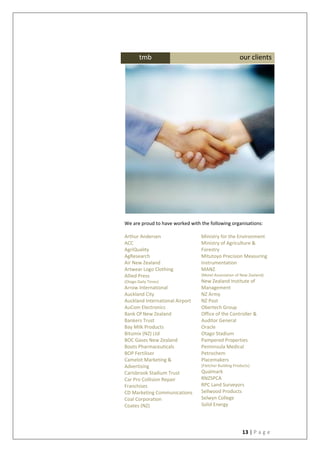 13 | P a g e
We are proud to have worked with the following organisations:
Arthur Andersen
ACC
AgriQuality
AgResearch
Air New Zealand
Artwear Logo Clothing
Allied Press
(Otago Daily Times)
Arrow International
Auckland City
Auckland International Airport
AuCom Electronics
Bank Of New Zealand
Bankers Trust
Bay Milk Products
Bitumix (NZ) Ltd
BOC Gases New Zealand
Boots Pharmaceuticals
BOP Fertiliser
Camelot Marketing &
Advertising
Carisbrook Stadium Trust
Car Pro Collision Repair
Franchises
CD Marketing Communications
Coal Corporation
Coates (NZ)
Ministry for the Environment
Ministry of Agriculture &
Forestry
Mitutoyo Precision Measuring
Instrumentation
MANZ
(Motel Association of New Zealand)
New Zealand Institute of
Management
NZ Army
NZ Post
Obertech Group
Office of the Controller &
Auditor General
Oracle
Otago Stadium
Pampered Properties
Peninnsula Medical
Petrochem
Placemakers
(Fletcher Building Products)
Qualmark
RNZSPCA
RPC Land Surveyors
Sellwood Products
Selwyn College
Solid Energy
tmb our clients
 