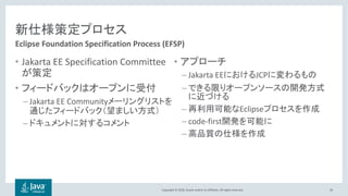 Copyright © 2018, Oracle and/or its affiliates. All rights reserved.
• Jakarta EE Specification Committee
•
– Jakarta EE Community
–
•
– Jakarta EE JCP
–
– Eclipse
– code-first
–
26
Eclipse Foundation Specification Process (EFSP)
 