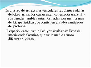 Es una red de estructuras vesiculares tubulares y planas
  del citoplasma. Los cuales estan conectados entre si y
  sus paredes tambien estan formadas por membranas
  de bicapa lípidica que contienen grandes cantidades
  de proteinas.
El espacio entre los tubulos y vesiculas esta llena de
  matriz endoplasmica, que es un medio acuoso
  diferente al citosol.
 