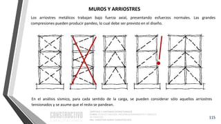 CAPÍTULO 1: SISTEMAS ESTRUCTURALES
CURSO: ESTRUCTURACIÓN, PREDIMENSIONAMIENTO Y ANÁLISIS
DE EDIFICIOS
ING. CHRISTIAN ASMAT GARAYCOCHEA
115
Los arriostres metálicos trabajan bajo fuerza axial, presentando esfuerzos normales. Las grandes
compresiones pueden producir pandeo, lo cual debe ser previsto en el diseño.
En el análisis sísmico, para cada sentido de la carga, se pueden considerar sólo aquellos arriostres
tensionados y se asume que el resto se pandean.
MUROS Y ARRIOSTRES
 
