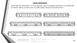 CAPÍTULO 1: SISTEMAS ESTRUCTURALES
CURSO: ESTRUCTURACIÓN, PREDIMENSIONAMIENTO Y ANÁLISIS
DE EDIFICIOS
ING. CHRISTIAN ASMAT GARAYCOCHEA
Existen diferentes alternativas en las losas aligeradas, como la de viguetas pretensadas o las prefabricadas
con tralicho. Además, en ciertos casos, es posible emplear Tecnopor como relleno liviano.
130
LOSAS NERVADAS
 