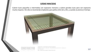CAPÍTULO 1: SISTEMAS ESTRUCTURALES
CURSO: ESTRUCTURACIÓN, PREDIMENSIONAMIENTO Y ANÁLISIS
DE EDIFICIOS
ING. CHRISTIAN ASMAT GARAYCOCHEA
Cubren luces pequeñas o intermedias con espesores menores y cubren grandes luces pero con espesores
mucho mayores. Por ello se recomienda emplearlas para paños entre 6m y 9m, y cuando se prioriza el tiempo.
157
LOSAS MACIZAS
 
