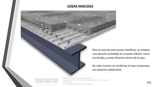 CAPÍTULO 1: SISTEMAS ESTRUCTURALES
CURSO: ESTRUCTURACIÓN, PREDIMENSIONAMIENTO Y ANÁLISIS
DE EDIFICIOS
ING. CHRISTIAN ASMAT GARAYCOCHEA
Para el caso de estructuras metálicas, se emplea
una plancha ondulada en la parte inferior como
encofrado y como refuerzo mismo de la losa.
De esta manera se conforma la losa compuesta
con plancha colaborante.
166
LOSAS MACIZAS
 