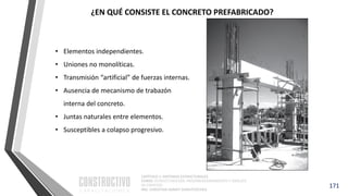 CAPÍTULO 1: SISTEMAS ESTRUCTURALES
CURSO: ESTRUCTURACIÓN, PREDIMENSIONAMIENTO Y ANÁLISIS
DE EDIFICIOS
ING. CHRISTIAN ASMAT GARAYCOCHEA
171
¿EN QUÉ CONSISTE EL CONCRETO PREFABRICADO?
• Elementos independientes.
• Uniones no monolíticas.
• Transmisión “artificial” de fuerzas internas.
• Ausencia de mecanismo de trabazón
interna del concreto.
• Juntas naturales entre elementos.
• Susceptibles a colapso progresivo.
 