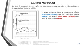 CAPÍTULO 1: SISTEMAS ESTRUCTURALES
CURSO: ESTRUCTURACIÓN, PREDIMENSIONAMIENTO Y ANÁLISIS
DE EDIFICIOS
ING. CHRISTIAN ASMAT GARAYCOCHEA
216
Los cables de presforzado son muy frágiles, por lo que los elementos presforzados no deben participar en
la responsabilidad sísmica del edificio.
ELEMENTOS PRESFORZADOS
Es por ese motivo por el cual se suele combinar refuerzo
activo (cables tensados) para cubrir las solicitaciones de
gravedad, con refuerzo pasivo (barras corrugadas) para
cubrir las solicitaciones sísmicas.
 
