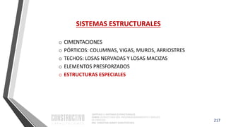 CAPÍTULO 1: SISTEMAS ESTRUCTURALES
CURSO: ESTRUCTURACIÓN, PREDIMENSIONAMIENTO Y ANÁLISIS
DE EDIFICIOS
ING. CHRISTIAN ASMAT GARAYCOCHEA
217
SISTEMAS ESTRUCTURALES
o CIMENTACIONES
o PÓRTICOS: COLUMNAS, VIGAS, MUROS, ARRIOSTRES
o TECHOS: LOSAS NERVADAS Y LOSAS MACIZAS
o ELEMENTOS PRESFORZADOS
o ESTRUCTURAS ESPECIALES
 