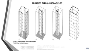 CAPÍTULO 1: SISTEMAS ESTRUCTURALES
CURSO: ESTRUCTURACIÓN, PREDIMENSIONAMIENTO Y ANÁLISIS
DE EDIFICIOS
ING. CHRISTIAN ASMAT GARAYCOCHEA
220
FUENTE: Tragsysteme - Structure Systems.
Heino Engel & Ralph Rapson
EDIFICIOS ALTOS - RASCACIELOS
 