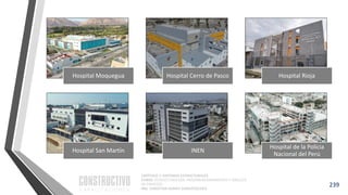 CAPÍTULO 1: SISTEMAS ESTRUCTURALES
CURSO: ESTRUCTURACIÓN, PREDIMENSIONAMIENTO Y ANÁLISIS
DE EDIFICIOS
ING. CHRISTIAN ASMAT GARAYCOCHEA
239
Hospital Moquegua Hospital Cerro de Pasco Hospital Rioja
Hospital San Martín INEN
Hospital de la Policia
Nacional del Perú
 