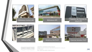 CAPÍTULO 1: SISTEMAS ESTRUCTURALES
CURSO: ESTRUCTURACIÓN, PREDIMENSIONAMIENTO Y ANÁLISIS
DE EDIFICIOS
ING. CHRISTIAN ASMAT GARAYCOCHEA
240
Biblioteca Central UNI Biblioteca UPC
Pabellón de Ciencias de
Salud UPC
Edificio UTEC Aulario y CIA PUCP Ciencias Sociales PUCP
 