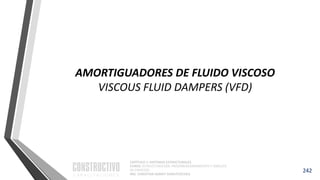 CAPÍTULO 1: SISTEMAS ESTRUCTURALES
CURSO: ESTRUCTURACIÓN, PREDIMENSIONAMIENTO Y ANÁLISIS
DE EDIFICIOS
ING. CHRISTIAN ASMAT GARAYCOCHEA
242
AMORTIGUADORES DE FLUIDO VISCOSO
VISCOUS FLUID DAMPERS (VFD)
 