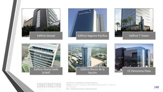 CAPÍTULO 1: SISTEMAS ESTRUCTURALES
CURSO: ESTRUCTURACIÓN, PREDIMENSIONAMIENTO Y ANÁLISIS
DE EDIFICIOS
ING. CHRISTIAN ASMAT GARAYCOCHEA
248
Edificio Gerpal Edificio Seguros Pacífico Edificio T-Tower
Edificio Nueva Sede
SUNAT
Edificio Banco de la
Nación
CE Panorama Plaza
 
