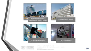 CAPÍTULO 1: SISTEMAS ESTRUCTURALES
CURSO: ESTRUCTURACIÓN, PREDIMENSIONAMIENTO Y ANÁLISIS
DE EDIFICIOS
ING. CHRISTIAN ASMAT GARAYCOCHEA
249
(R) Torre de control –
Aeropuerto Jorge Chavez
(R) Hotel Costa del Sol
CC Plaza San Miguel CC El Quinde de Ica
 
