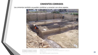 CAPÍTULO 1: SISTEMAS ESTRUCTURALES
CURSO: ESTRUCTURACIÓN, PREDIMENSIONAMIENTO Y ANÁLISIS
DE EDIFICIOS
ING. CHRISTIAN ASMAT GARAYCOCHEA
28
Los cimientos también se pueden combinar y conectar con otras zapatas.
CIMIENTOS CORRIDOS
 