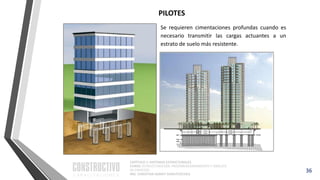 CAPÍTULO 1: SISTEMAS ESTRUCTURALES
CURSO: ESTRUCTURACIÓN, PREDIMENSIONAMIENTO Y ANÁLISIS
DE EDIFICIOS
ING. CHRISTIAN ASMAT GARAYCOCHEA
36
Se requieren cimentaciones profundas cuando es
necesario transmitir las cargas actuantes a un
estrato de suelo más resistente.
PILOTES
 