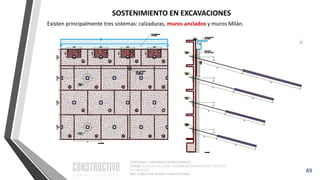 CAPÍTULO 1: SISTEMAS ESTRUCTURALES
CURSO: ESTRUCTURACIÓN, PREDIMENSIONAMIENTO Y ANÁLISIS
DE EDIFICIOS
ING. CHRISTIAN ASMAT GARAYCOCHEA
49
SOSTENIMIENTO EN EXCAVACIONES
Existen principalmente tres sistemas: calzaduras, muros anclados y muros Milán.
 