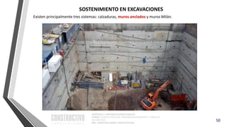 CAPÍTULO 1: SISTEMAS ESTRUCTURALES
CURSO: ESTRUCTURACIÓN, PREDIMENSIONAMIENTO Y ANÁLISIS
DE EDIFICIOS
ING. CHRISTIAN ASMAT GARAYCOCHEA
50
SOSTENIMIENTO EN EXCAVACIONES
Existen principalmente tres sistemas: calzaduras, muros anclados y muros Milán.
 