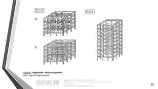 CAPÍTULO 1: SISTEMAS ESTRUCTURALES
CURSO: ESTRUCTURACIÓN, PREDIMENSIONAMIENTO Y ANÁLISIS
DE EDIFICIOS
ING. CHRISTIAN ASMAT GARAYCOCHEA
65
FUENTE: Tragsysteme - Structure Systems.
Heino Engel & Ralph Rapson
 