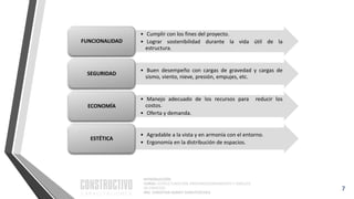INTRODUCCIÓN
CURSO: ESTRUCTURACIÓN, PREDIMENSIONAMIENTO Y ANÁLISIS
DE EDIFICIOS
ING. CHRISTIAN ASMAT GARAYCOCHEA
• Cumplir con los fines del proyecto.
• Lograr sostenibilidad durante la vida útil de la
estructura.
FUNCIONALIDAD
• Buen desempeño con cargas de gravedad y cargas de
sismo, viento, nieve, presión, empujes, etc.
SEGURIDAD
• Manejo adecuado de los recursos para reducir los
costos.
• Oferta y demanda.
ECONOMÍA
• Agradable a la vista y en armonía con el entorno.
• Ergonomía en la distribución de espacios.
ESTÉTICA
7
 