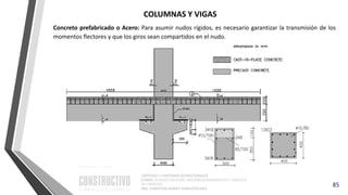 CAPÍTULO 1: SISTEMAS ESTRUCTURALES
CURSO: ESTRUCTURACIÓN, PREDIMENSIONAMIENTO Y ANÁLISIS
DE EDIFICIOS
ING. CHRISTIAN ASMAT GARAYCOCHEA
85
Concreto prefabricado o Acero: Para asumir nudos rígidos, es necesario garantizar la transmisión de los
momentos flectores y que los giros sean compartidos en el nudo.
COLUMNAS Y VIGAS
 